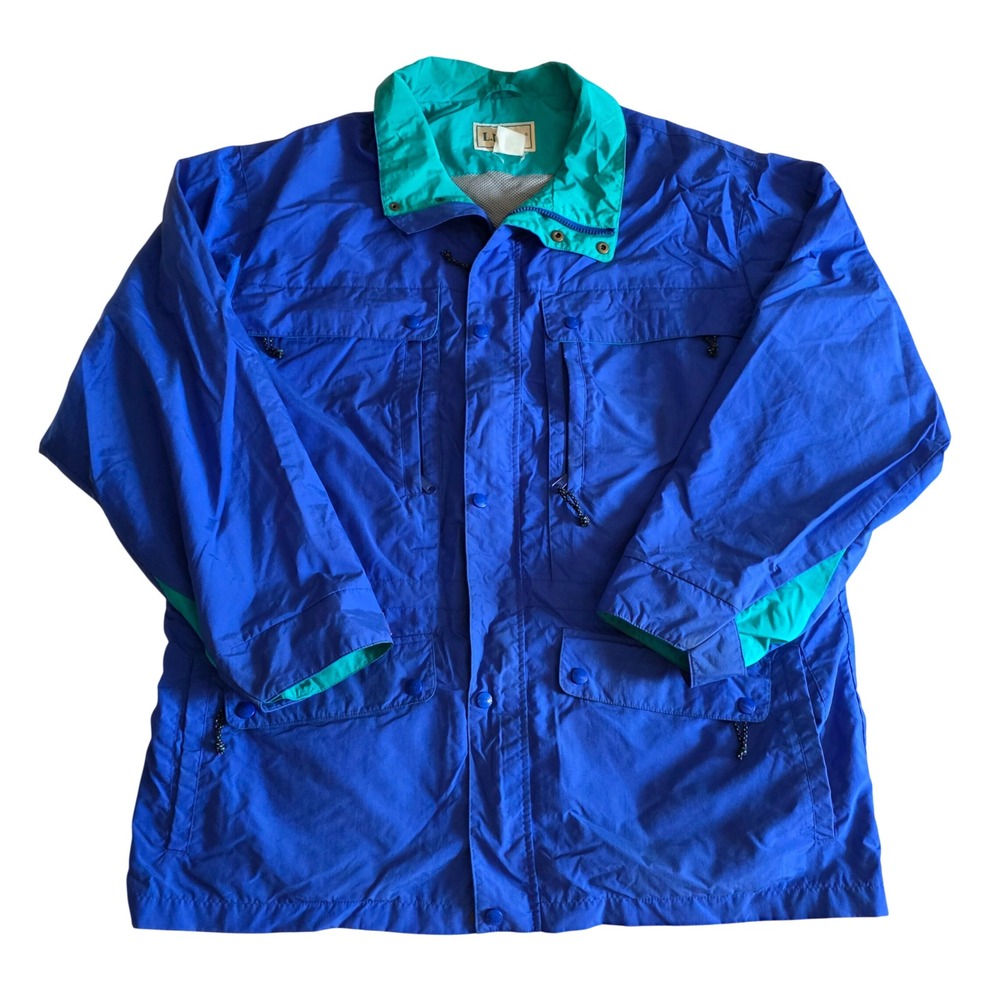 Vintage 90s LL Bean Stowaway Jacket Parka Cobalt Blue Teal Colorblock Mens M